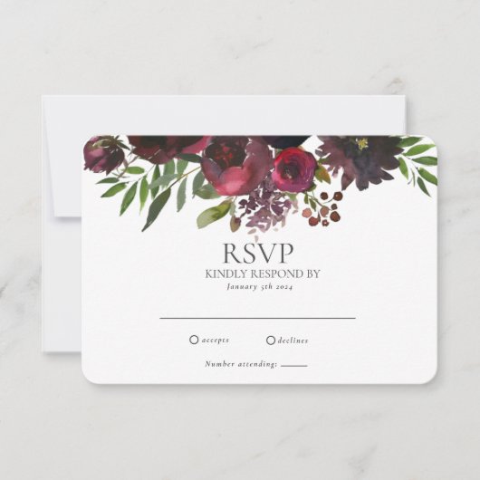 Elegante Burgundy Rote Rose Floral Wedding RSVP Ca (Vorderseite)