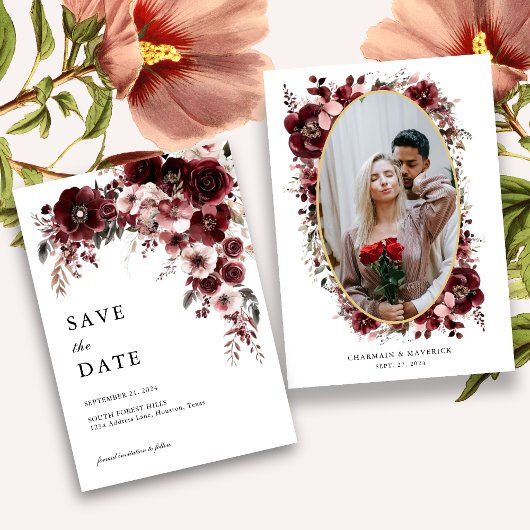 Elegante Burgundy Rote Rose Floral Wedding Save The Date