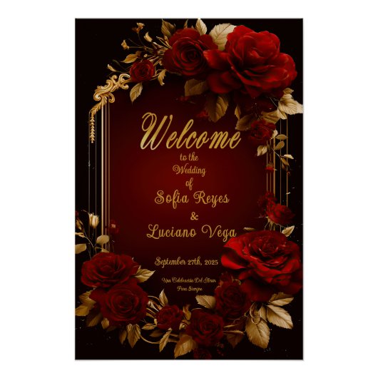 Elegante Burgundy Rote Rose & Gold Wedding Poster (Vorderseite)