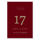 Elegante Burgundy Script Custom Tischnummer Card (Rückseite)