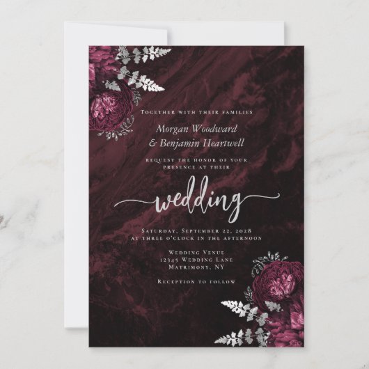 Elegante Burgundy Silver Floral Wedding Einladung (Vorderseite)