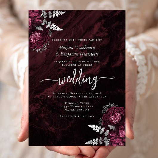 Elegante Burgundy Silver Floral Wedding Einladung