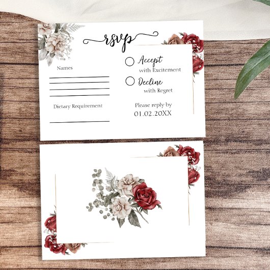Elegante Burgundy & Silver Floral Wedding RSVP Karte