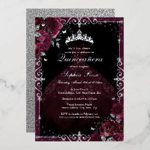 Elegante Burgundy Silver Rose Kleid Quinceanera Folieneinladung