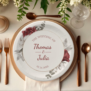 Elegante Burgundy & Silver Watercolor Hochzeit Pappteller