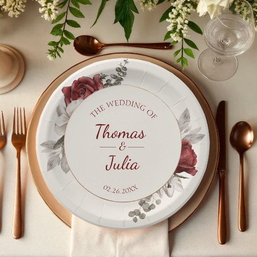 Elegante Burgundy & Silver Watercolor Hochzeit Pappteller