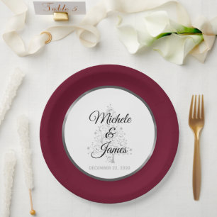 Elegante Burgundy Silver Winter Holiday Wedding Pappteller