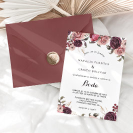Elegante Burgundy Summer Floral Spanish Wedding Einladung