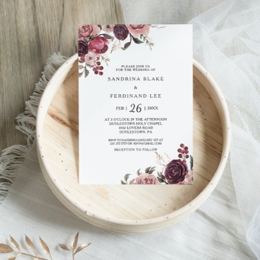 Elegante Burgundy Summer Floral Wedding Einladung