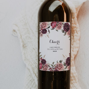 Elegante Burgundy Summer Floral Wedding Wine Label Weinetikett