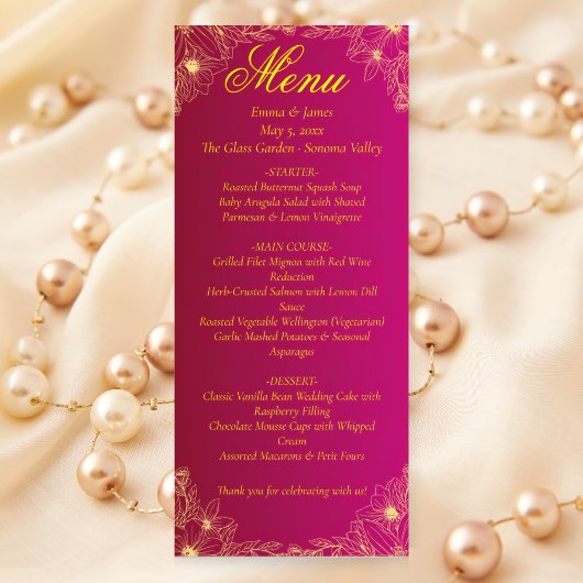 Elegante Burgundy und Gold Floral Wedding Menu Car Menükarte