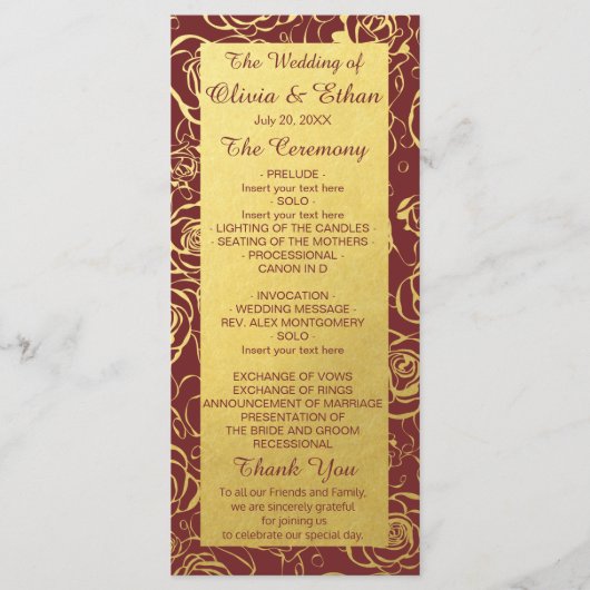 Elegante Burgundy und Gold Foil Blume Programm (Vorderseite)