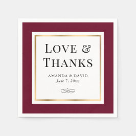 Elegante Burgundy und Gold Liebe und Dank Hochzeit Serviette