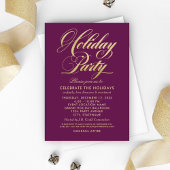 Elegante Burgundy und Gold Script Holiday Party Einladung