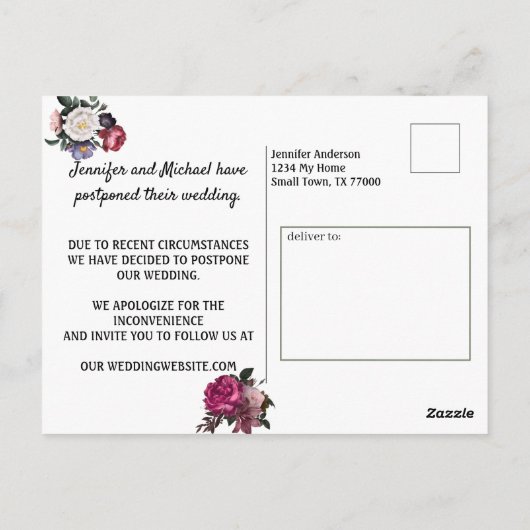 Elegante Burgundy- und Rosa-Blume ändern das Datum Postkarte (Rückseite)