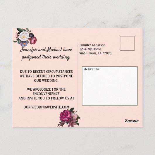 Elegante Burgundy- und Rosa-Blume ändern das Datum Postkarte (Rückseite)