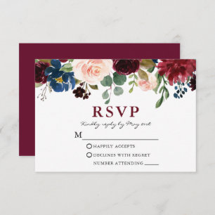 Elegante Burgundy Watercolor Blumenhochzeit RSVP Karte