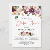 Elegante Burgundy Watercolor Floral Baby Shower Einladung (Vorderseite)