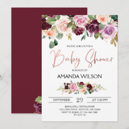 Elegante Burgundy Watercolor Floral Baby Shower Einladung