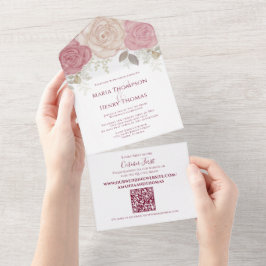 Elegante Burgundy Watercolor Rose QR Code All In One Einladung