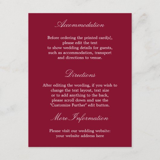 Elegante Burgundy Wedding Details Card Begleitkarte (Vorderseite)