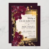 Elegante Burgundy Wedding Orchid Blooms Gold Blätt Einladung (Vorne/Hinten)
