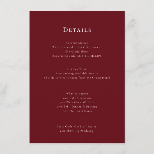 Elegante Burgundy Wedding Schedule Enclosure Card Begleitkarte (Vorderseite)