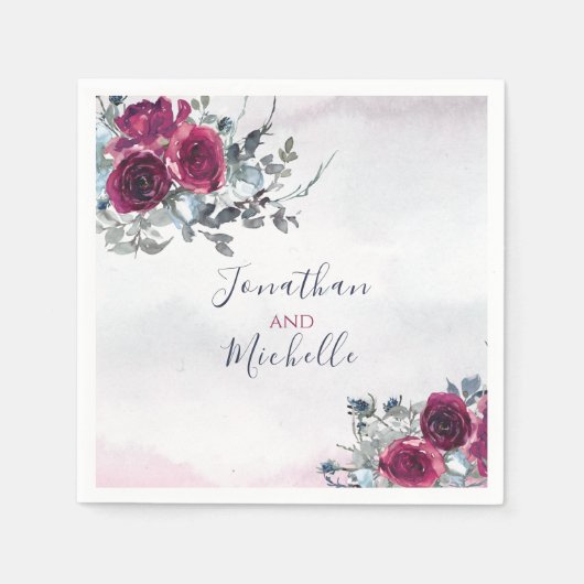 Elegante Burgundy White and Blue Rose Hochzeit Serviette (Vorderseite)