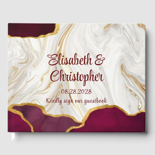 Elegante Burgundy White and Gold Agate Wedding Gästebuch (Vorderseite)