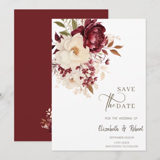 Elegante Burgundy White Blume Save the Date (Vorne/Hinten)