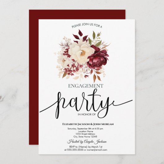 Elegante Burgundy White Blume Verlobung Einladung (Vorne/Hinten)