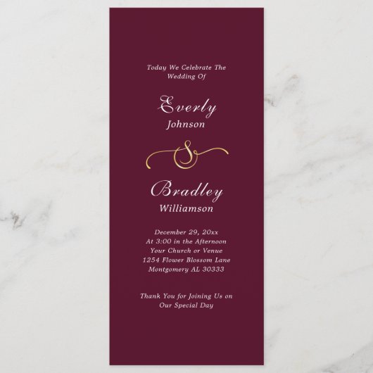 Elegante Burgundy White Script Herbst Winter Weddi Programm (Vorderseite)