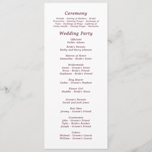 Elegante Burgundy White Script Herbst Winter Weddi Programm (Rückseite)