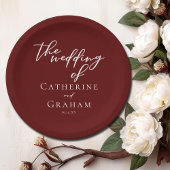 Elegante Burgundy White Script Personalisiert Wedd Pappteller