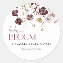 Elegante Burgundy Wildblumen Girl Baby Shower Runder Aufkleber