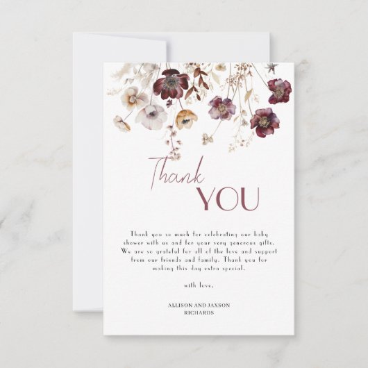 Elegante Burgundy Wildblumen Kinderdusche Dankeskarte (Vorderseite)
