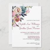 Elegante Burgundy Wine Dusty Blue Floral Wedding Einladung (Vorderseite)