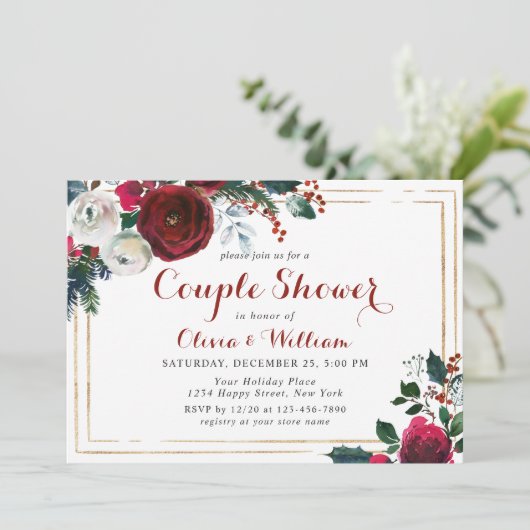 Elegante Burgundy Winter Rose Blumendusche Einladung (Stehend Vorderseite)