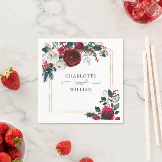 Elegante Burgundy Winter Rose Foliage Wedding Serviette (Beispiel)