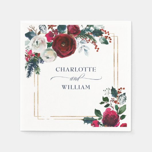 Elegante Burgundy Winter Rose Foliage Wedding Serviette (Vorderseite)