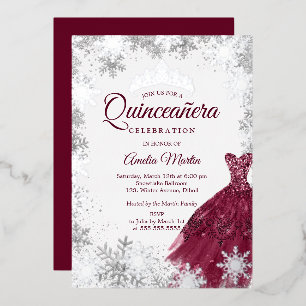 Elegante Burgundy Winter Snowflake Quinceanera Folieneinladung