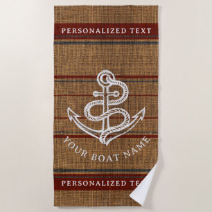 Elegante Burlap Anchor Nautical Boat Name Custom Strandtuch