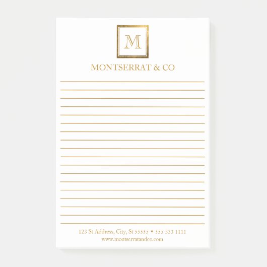 Elegante Business Monogram Logo Gold Square Lined Post-it Klebezettel (Vorderseite)