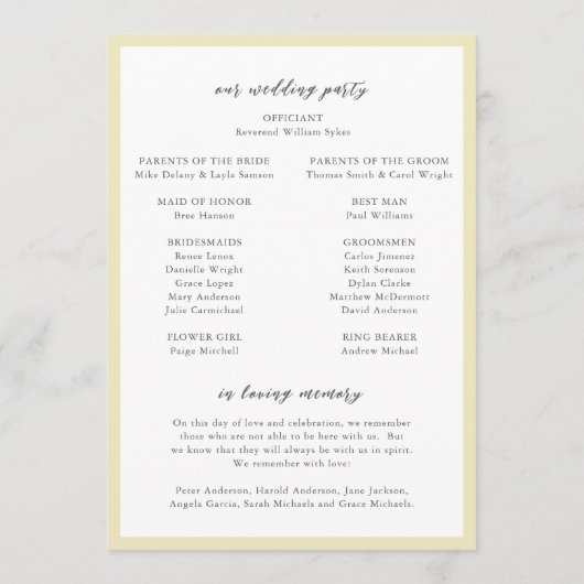 Elegante Butter Yellow Monogram Moderne Hochzeit Programm (Rückseite)