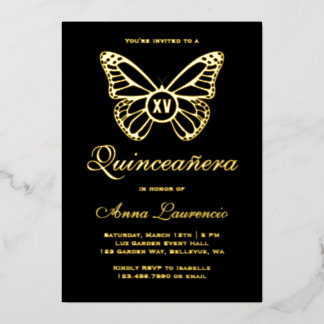 Elegante Butterfly Black and Gold XV Quinceanera Folieneinladung