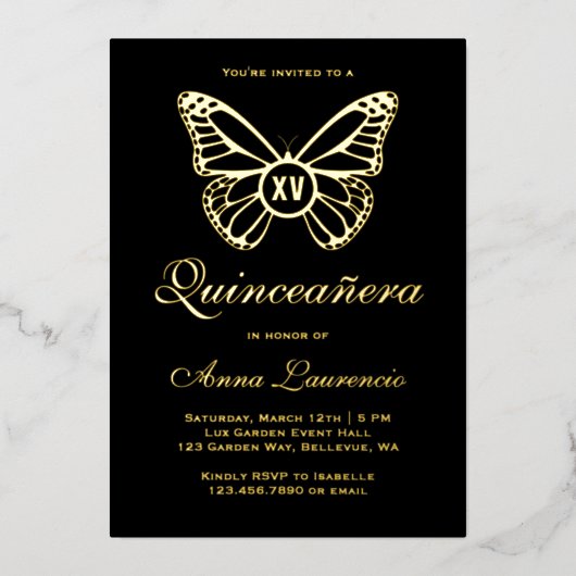 Elegante Butterfly Black and Gold XV Quinceanera Folieneinladung (Vorderseite)