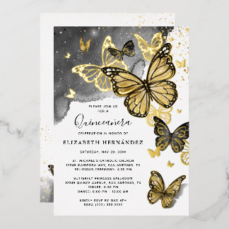 Elegante Butterfly Black Quinceanera Real Gold Folieneinladung