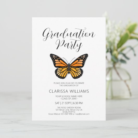 Elegante Butterfly Black & White Graduation Party Einladung (Stehend Vorderseite)