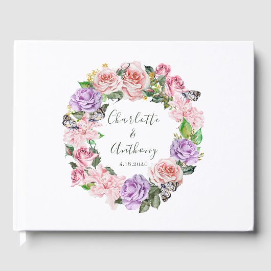 Elegante Butterfly Floral Pink Grüne Hochzeit Gästebuch (Vorderseite)