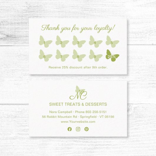 Elegante Butterfly Monogram Green Business Treuekarte